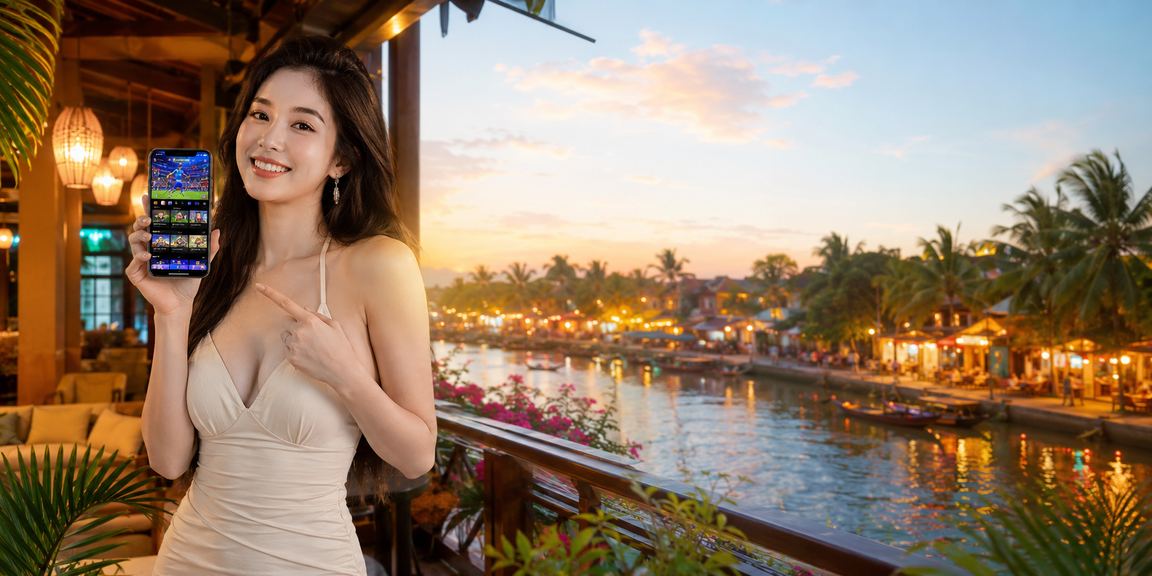 Người dùng kiểm tra tài khoản và bảo mật trên ứng dụng 9350 tại quán cà phê Hội An